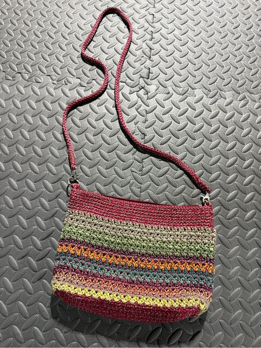 Handwoven Multicolor Crochet Crossbody Bag - Red Accent